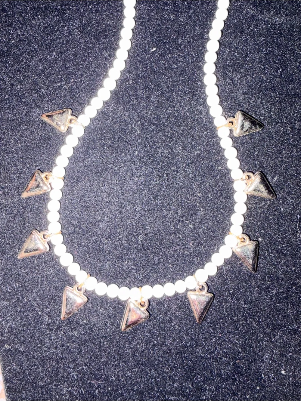 Handmade White Beaded Necklace with Gold Triangle Charms